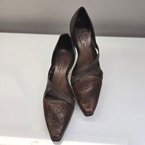 CYDWOQ Vintage Kitten Heel Shoes 37 Brown Leather‎ D'orsay Hand Sculpted Unique